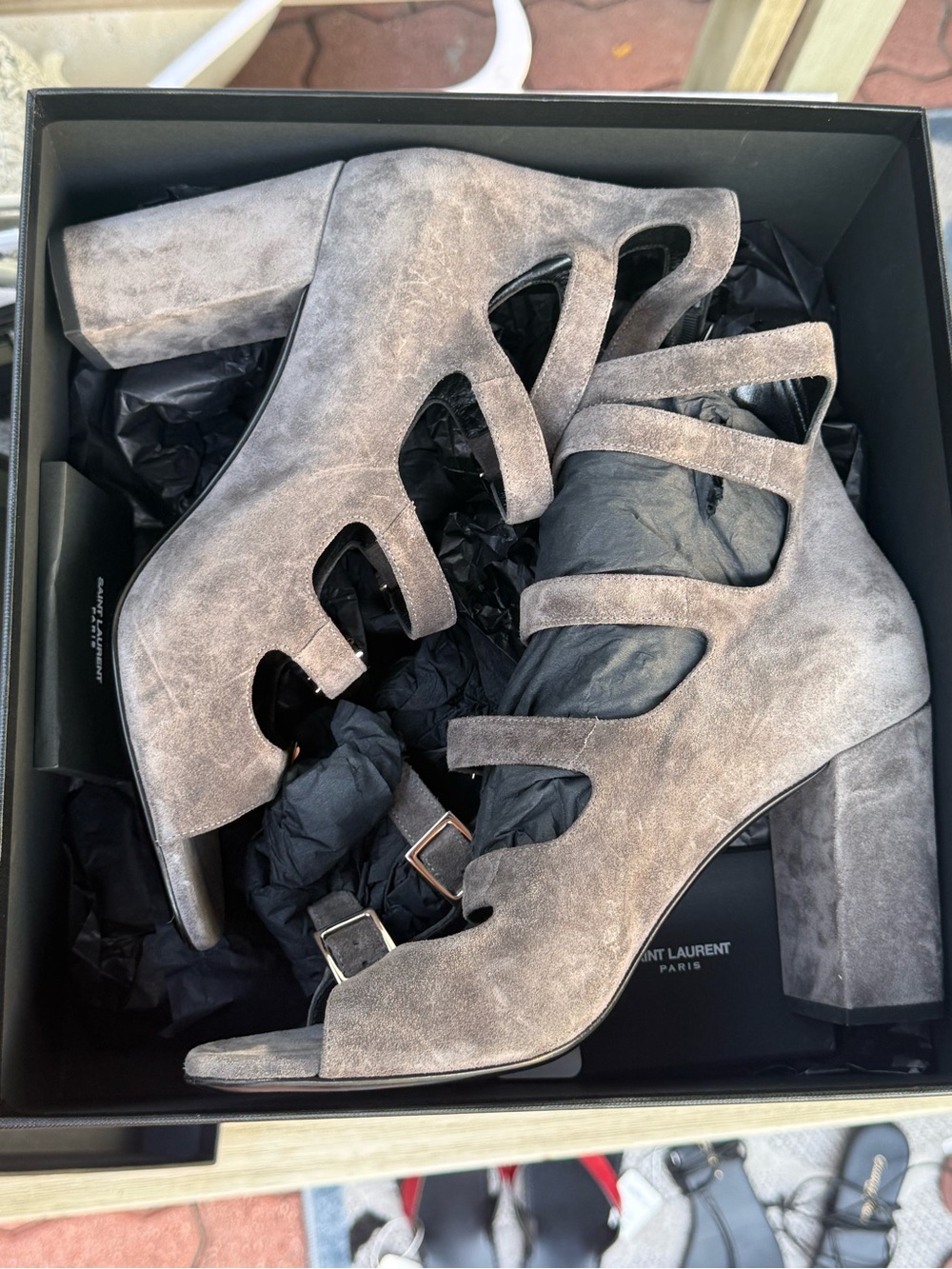 Saint Laurent Gray Suede Multi‑Strap Block Heel Sandals 41.5 - Picture 9 of 10